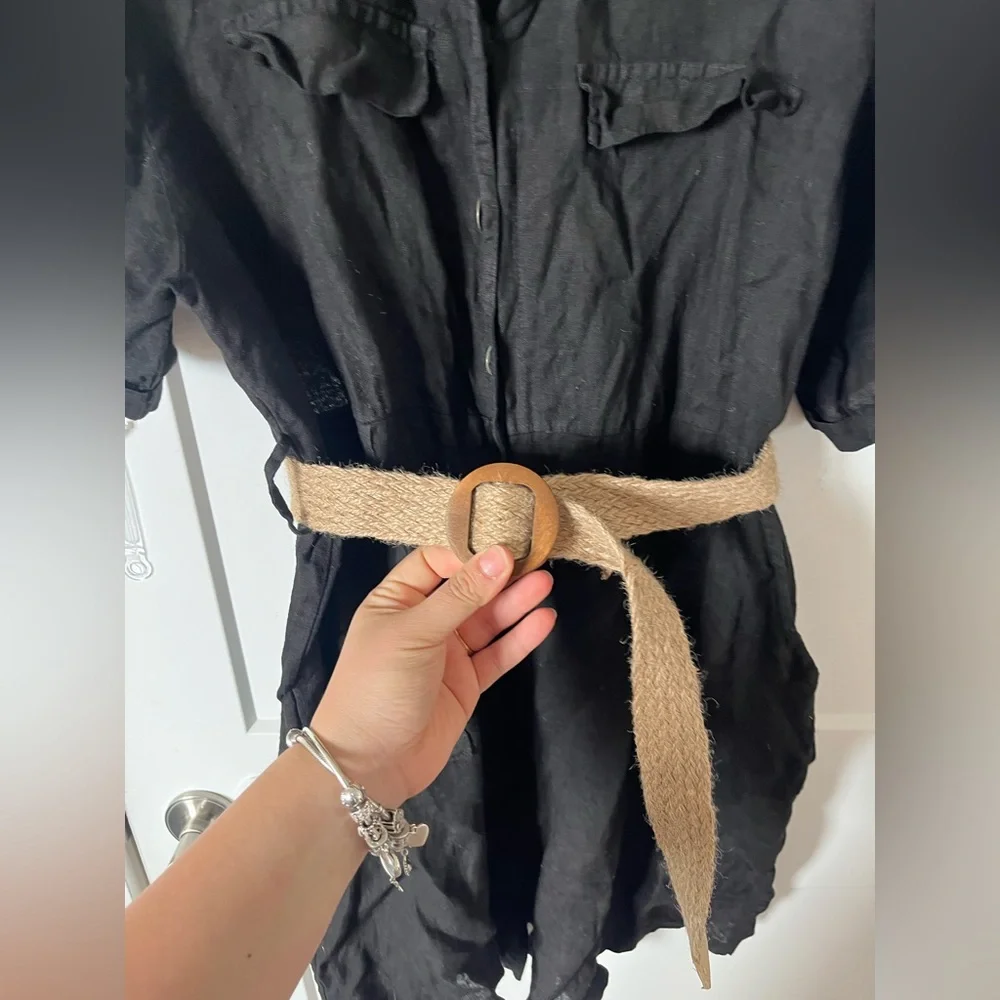 Linen romper with woven raffia belt - Picture 2 of 6